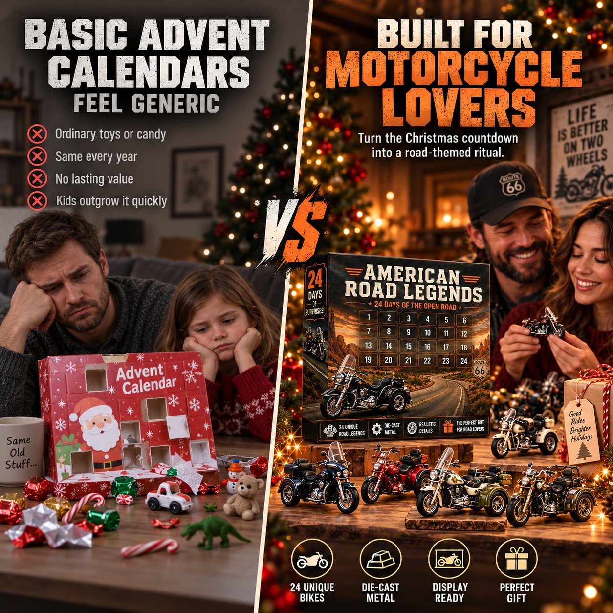 Promotional artwork presenting a motorcycle-themed advent calendar as a holiday gift for motorcycle fans