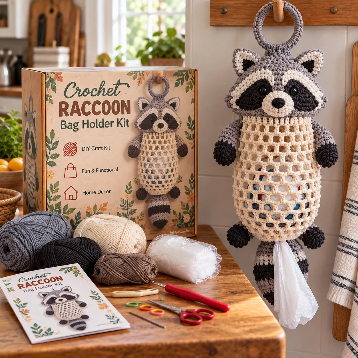 Raccoon crochet bag holder hanging from a kitchen peg beside its craft kit and yarn