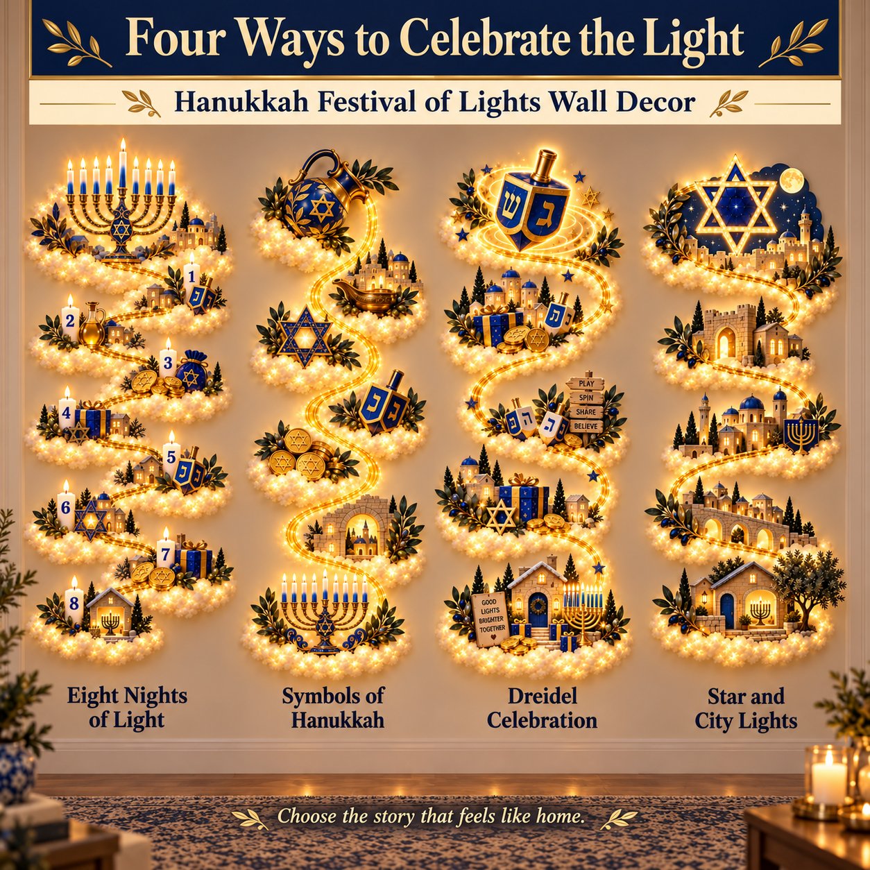 Collection shown left to right: Eight Nights of Light, Miracle of Oil, Dreidel Adventure and Jerusalem Lights