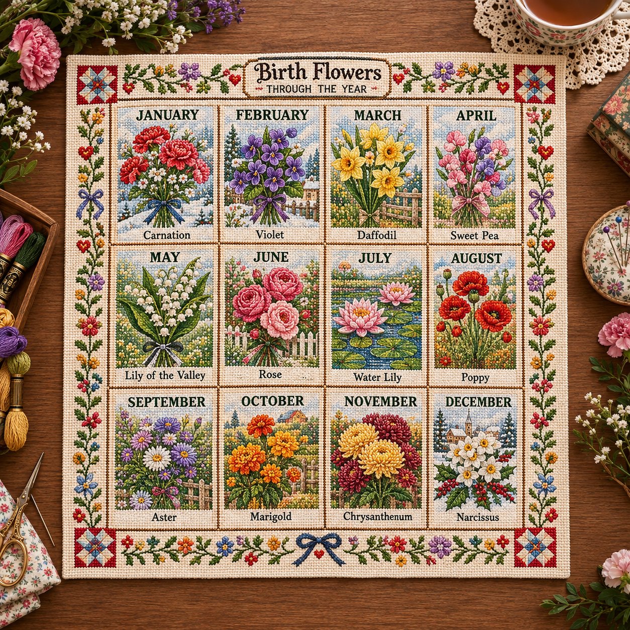 Birth Flowers Through the Year embroidery design