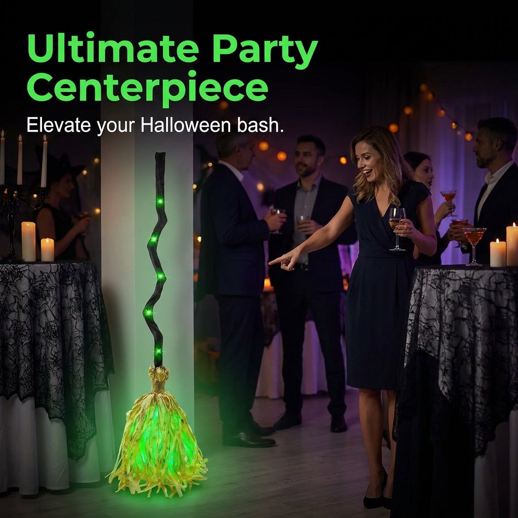 Animated glowing witch broom used as Halloween party decoration