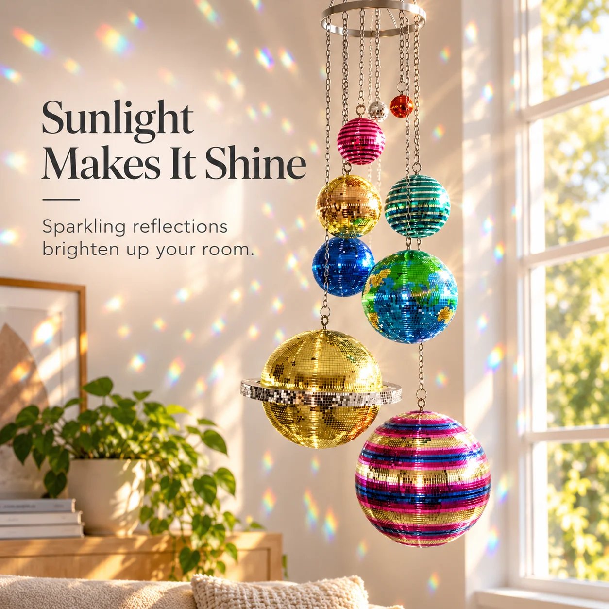 Sunlight hitting mirrored celestial mobile and creating colorful reflections across the room