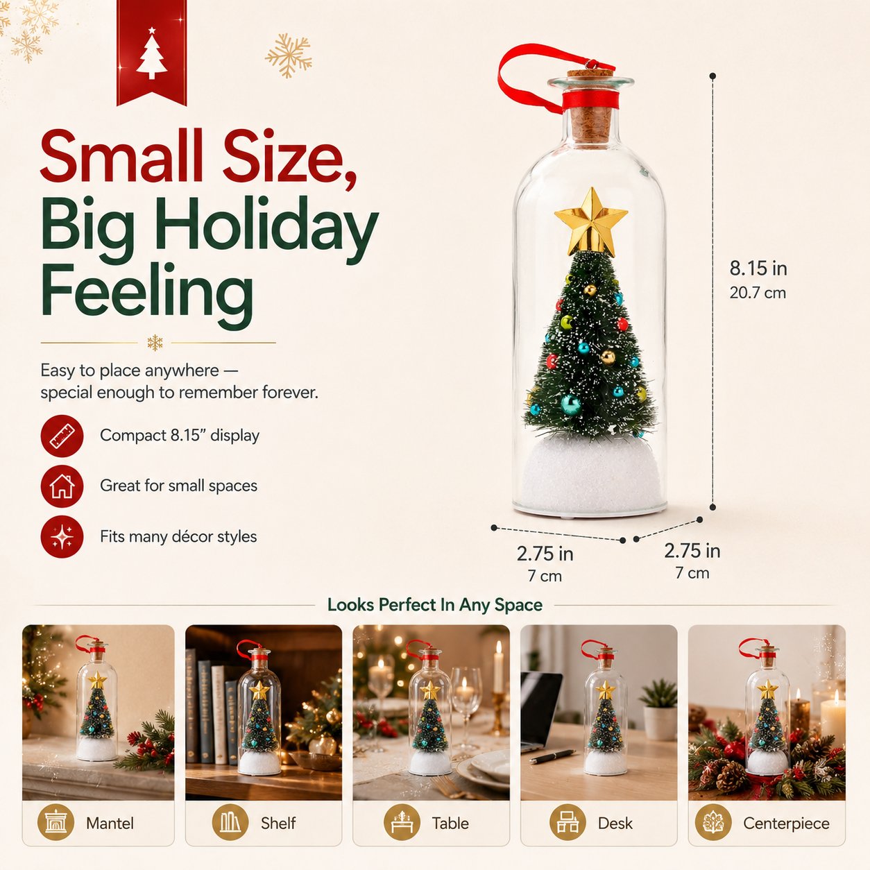 Compact Christmas message bottle for shelves and tables