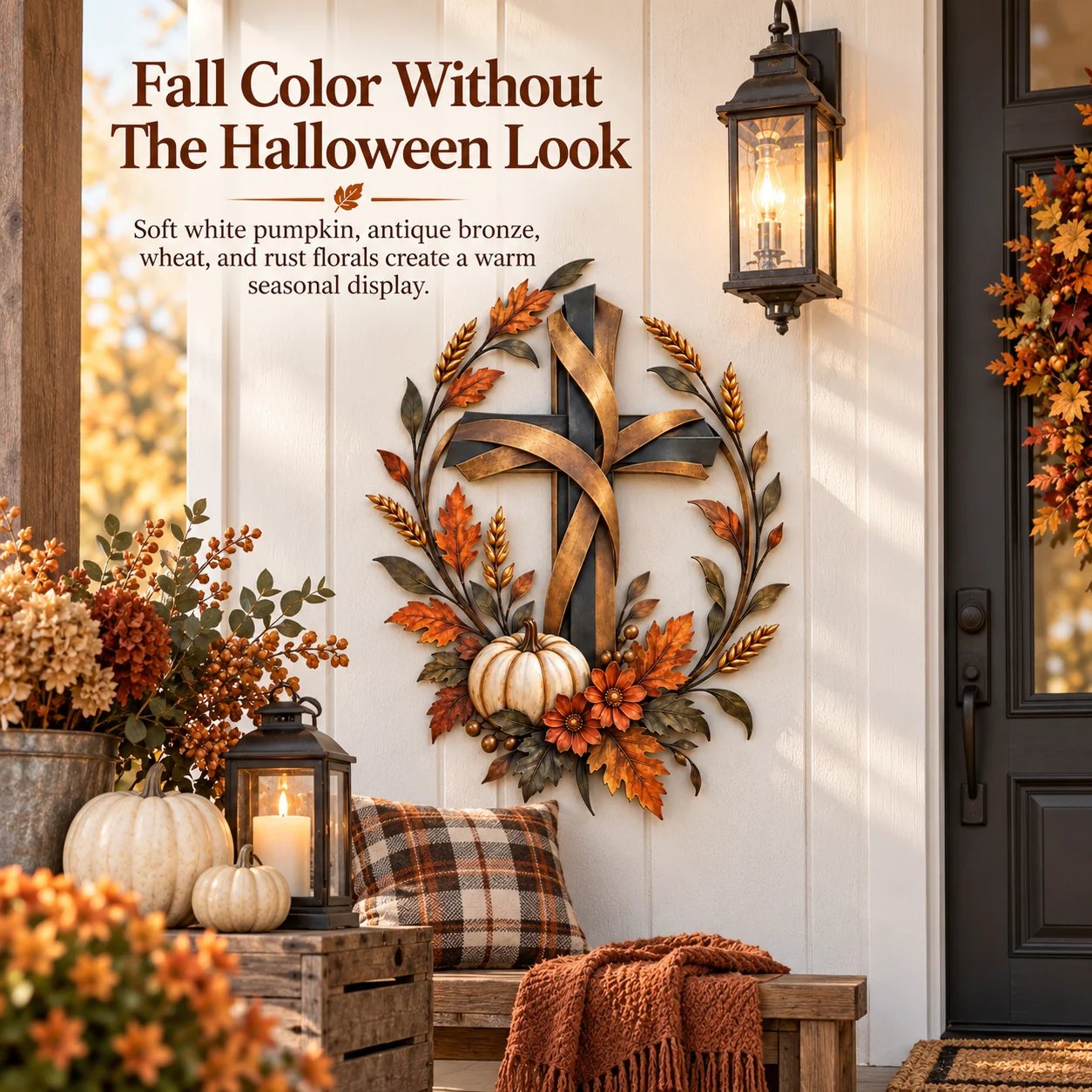 The Autumn Harvest Cross on a sheltered porch wall with lanterns, white pumpkins and warm textiles.