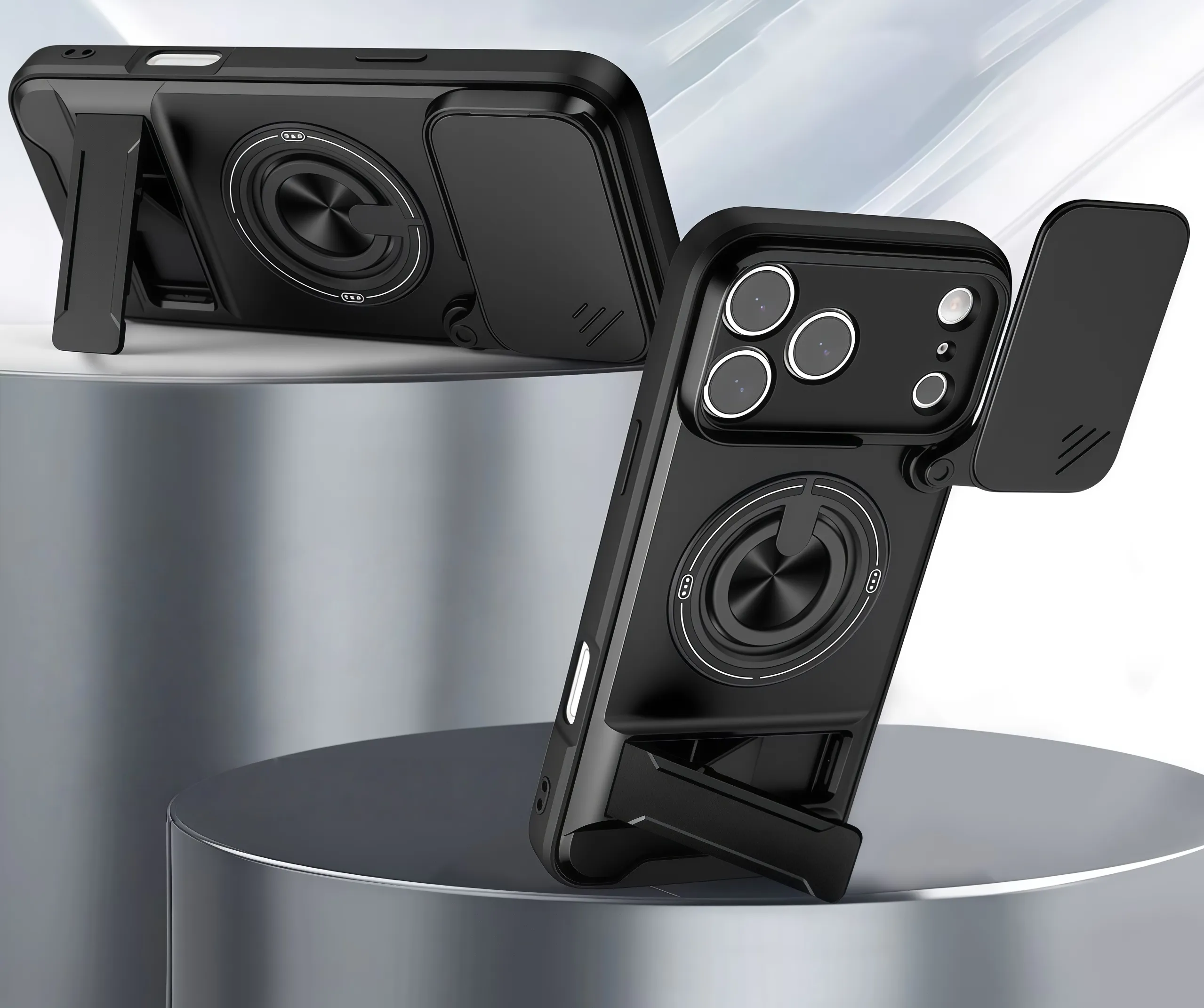 Protective iPhone case using its built-in stands for portrait and landscape viewing