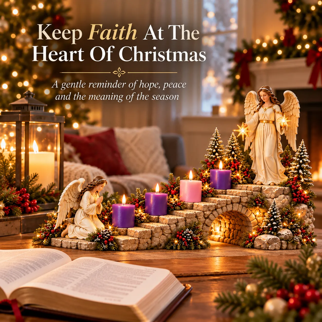 Faith-inspired angel Advent candle display in a peaceful Christmas setting