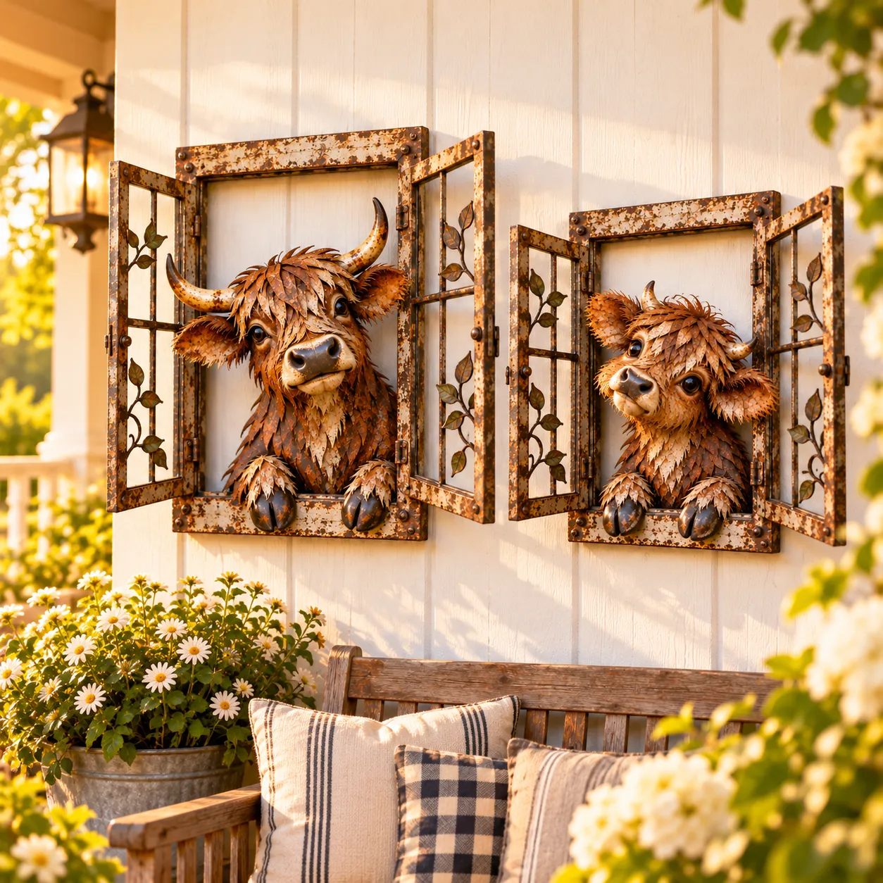Mama and Baby Highland cow rustic metal window wall art displayed together on a warm farmhouse porch wall