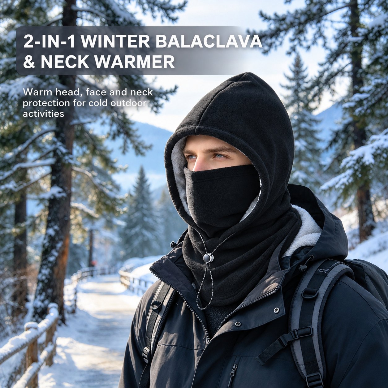 Black winter hood and face covering worn on a snowy path