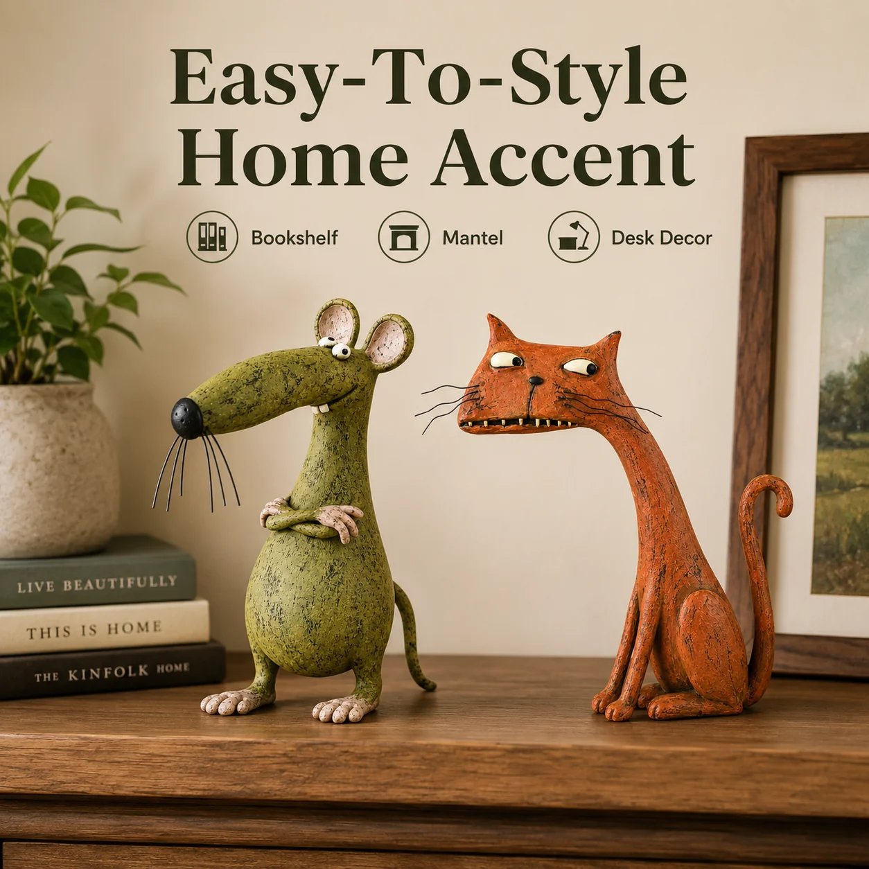 Mouse and cat figurines displayed as a playful conversation piece