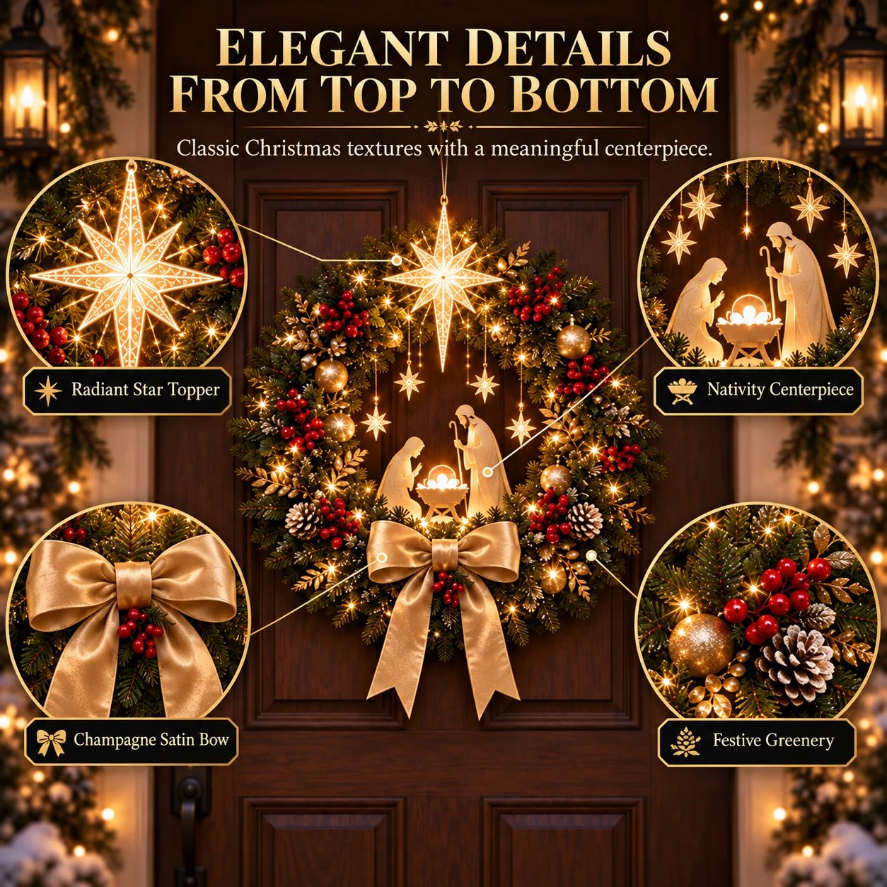 Elegant Nativity Christmas wreath details
