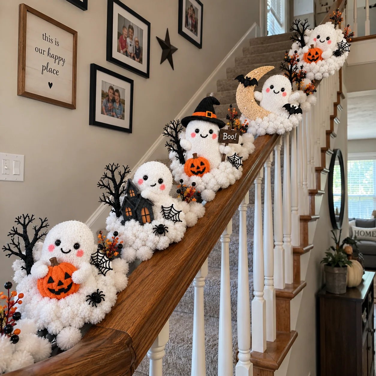 Halloween ghost decorations installed along staircase railing during daytime
