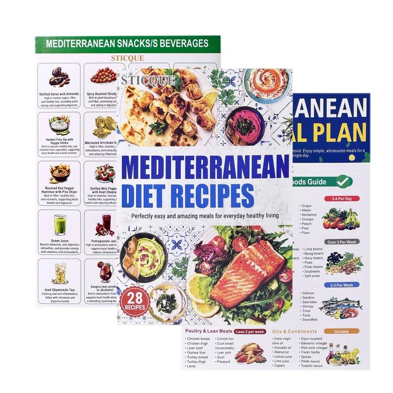 3 Count Mediterranean Diet Food List -Mediterranean Ingredient Meal Plan, Foods To Limit, Lunch, Break fast Recipes for Easy Chart Brochure Cookbook Healthy Living