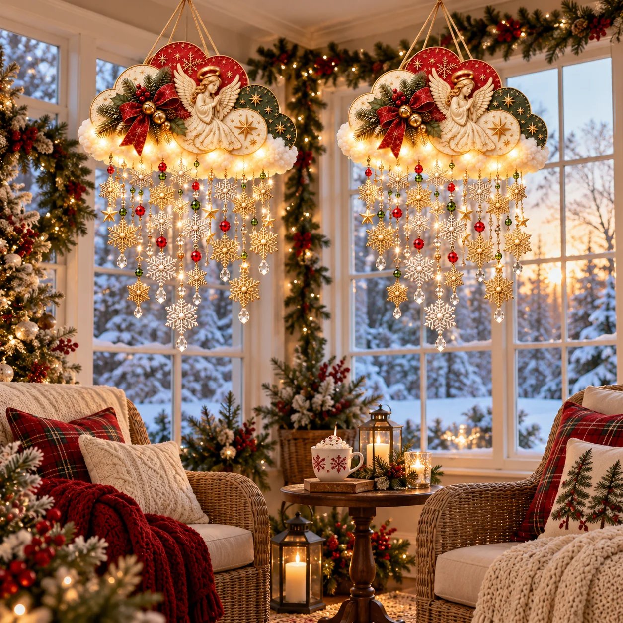 Christmas snowfall clouds decorating a cozy winter sitting room