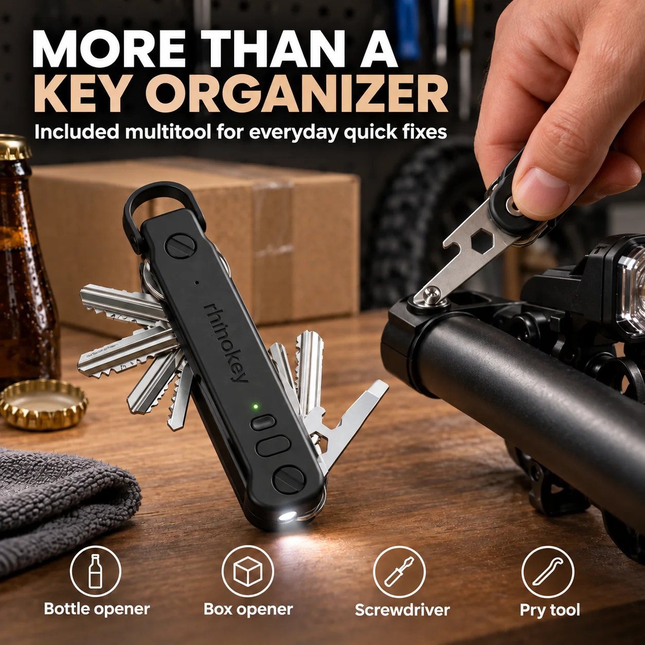 Included multitool with bottle opener box opener screwdriver and pry tool