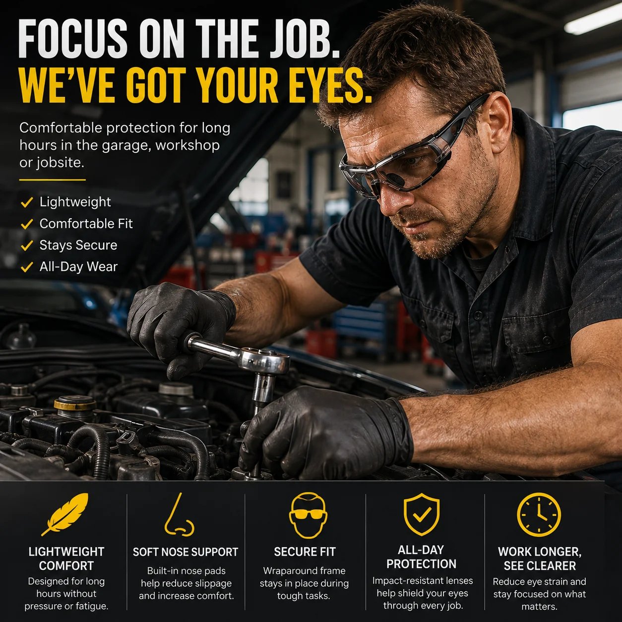 Comfortable lightweight protective glasses for mechanics and workers