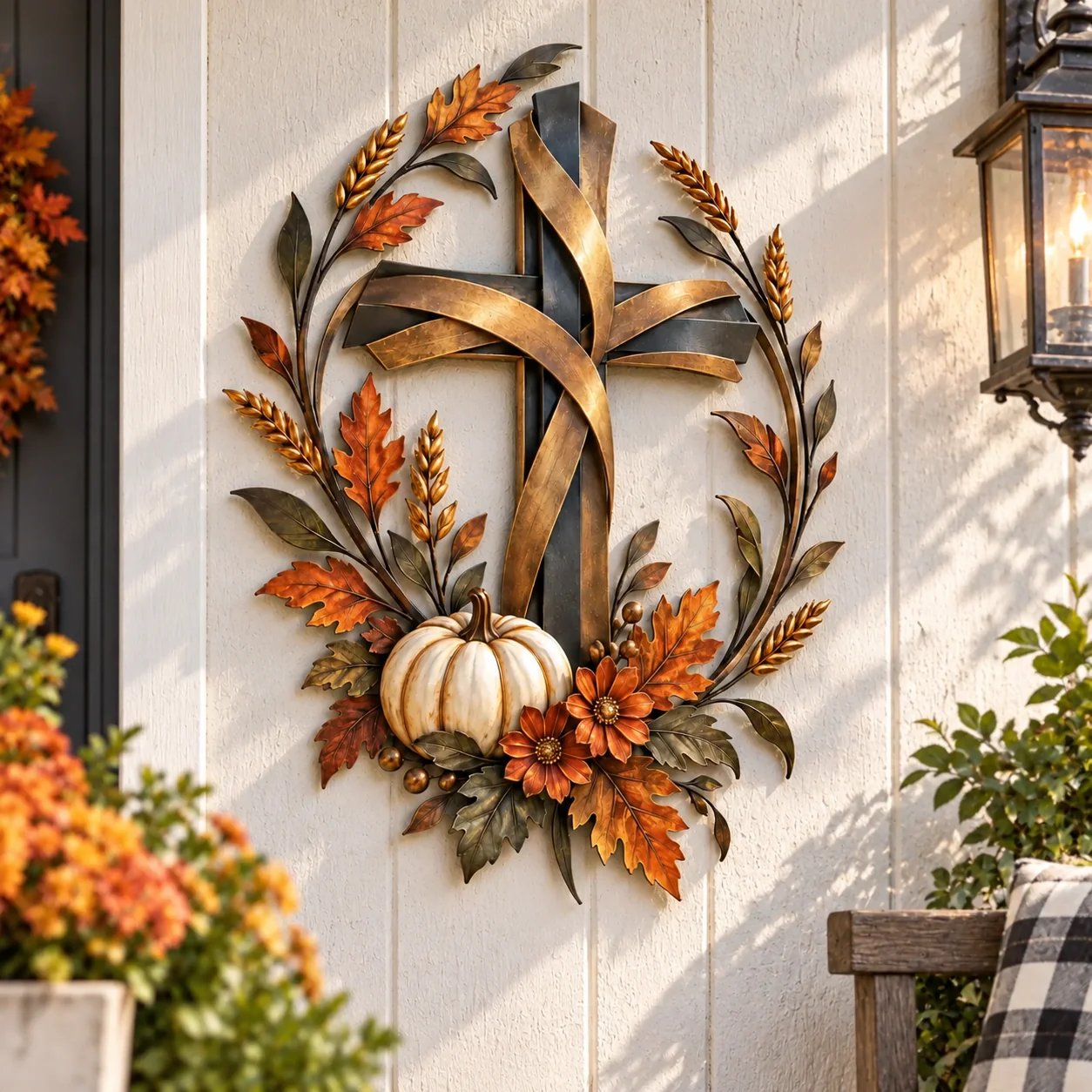Autumn Cross and Pumpkin Harvest Metal Wall Decor on a fall porch