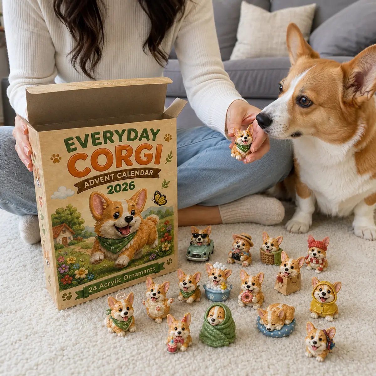 All 24 numbered Everyday Corgi ornaments arranged in three rows