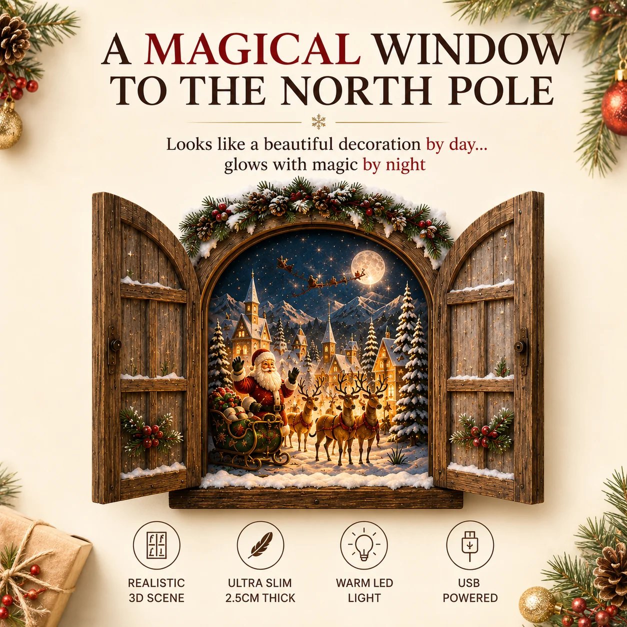 Santa's Secret Window Light 3D Christmas wall decor