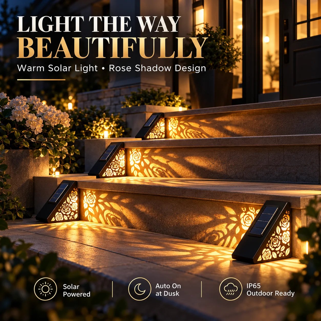 Solar Rose Step Light met warm licht en decoratief rozenpatroon