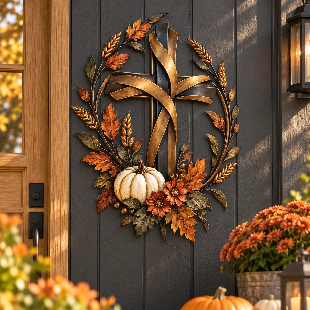 Autumn Christian cross decor displayed on a dark front door