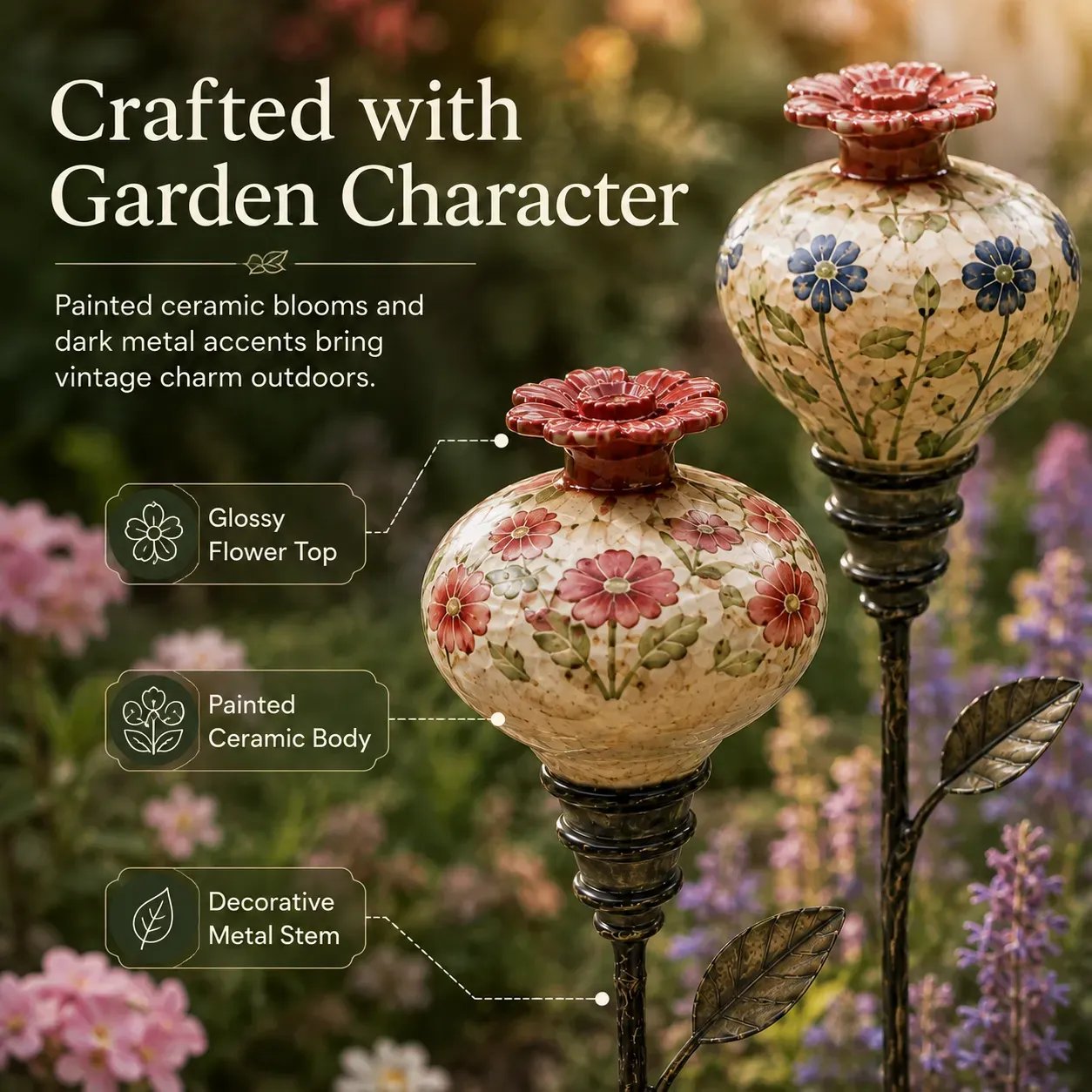 Vintage ceramic hummingbird feeder garden stake