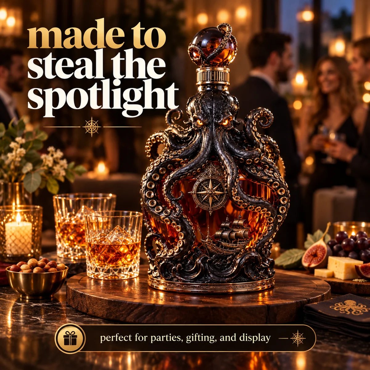 Kraken collector decanter displayed in a classic study
