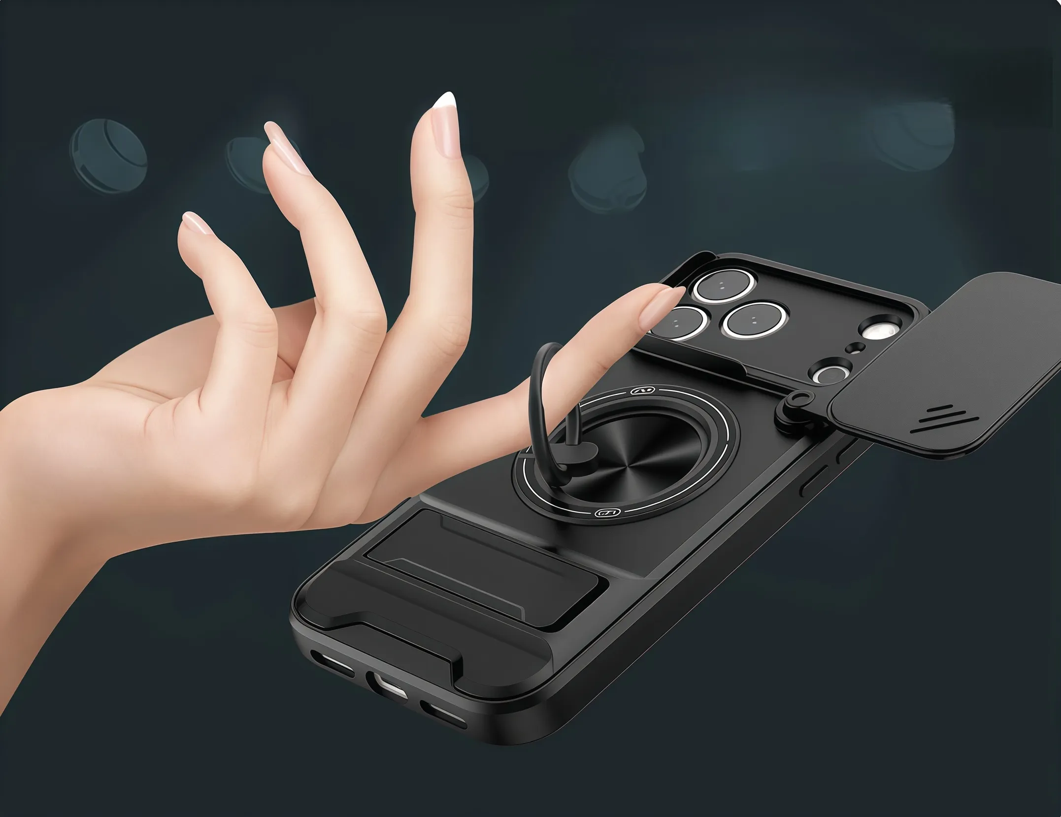Built-in rotating magnetic ring being used as a finger grip on the iPhone case