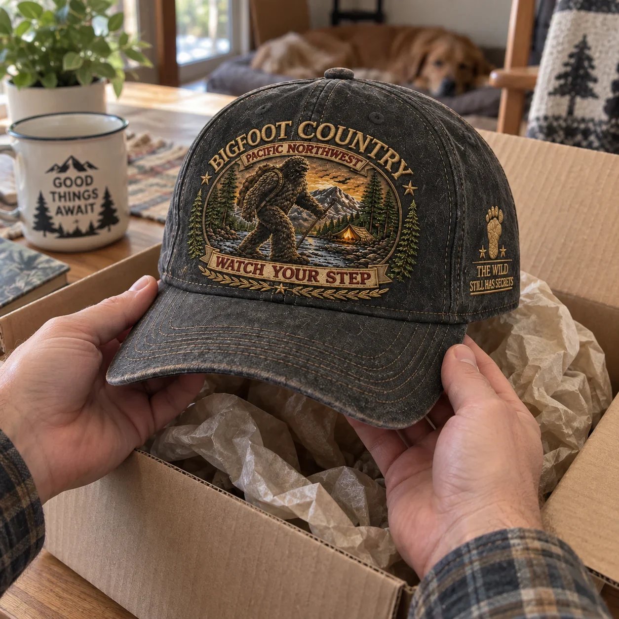 Bigfoot Country cap being unboxed at home