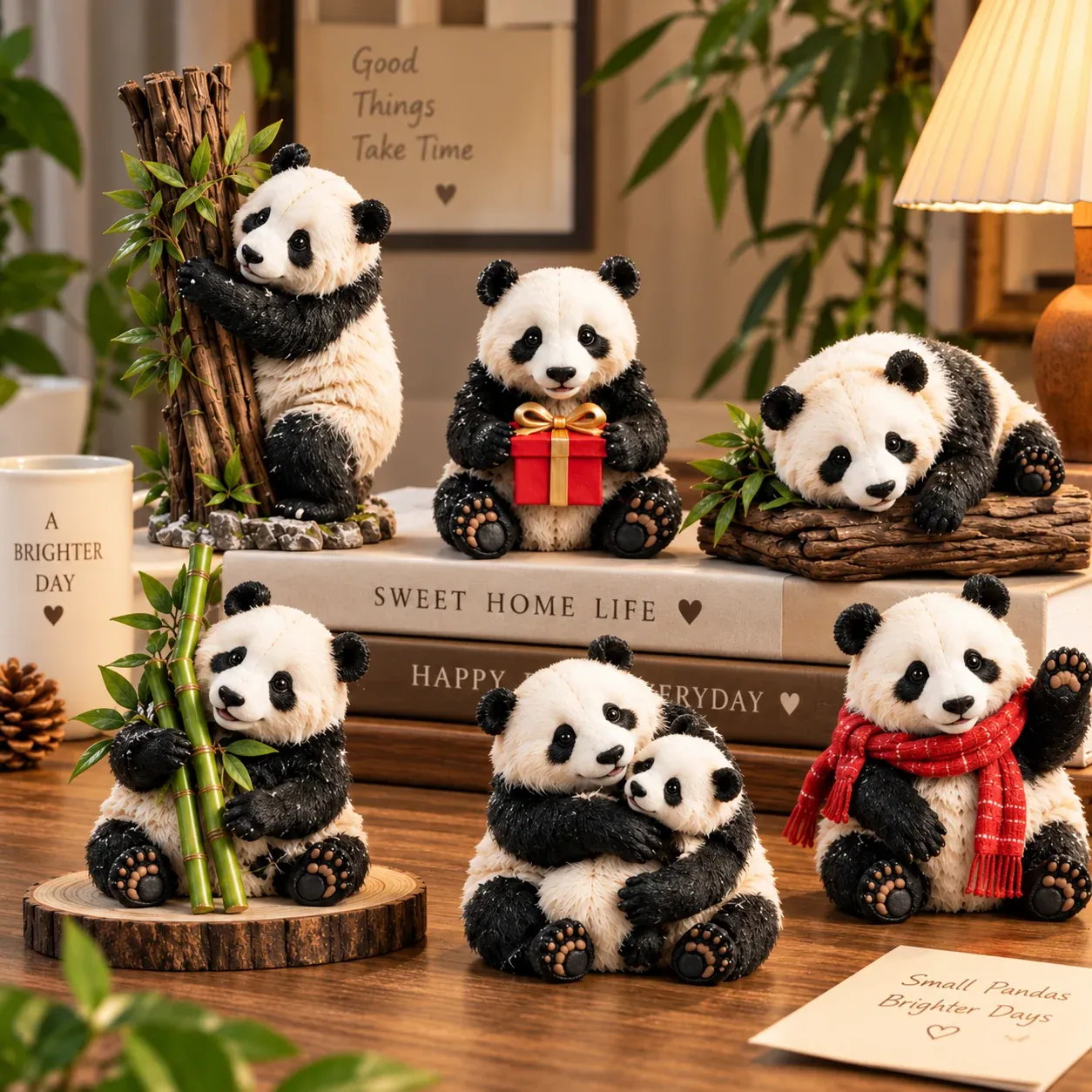 Panda collectible figurines displayed on a cozy desk