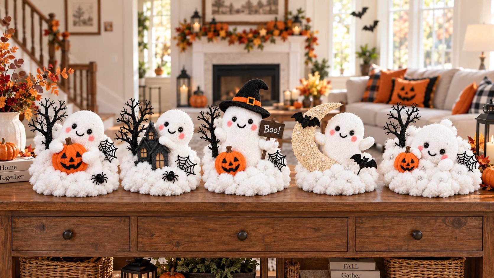 Five Halloween ghost decorations displayed together