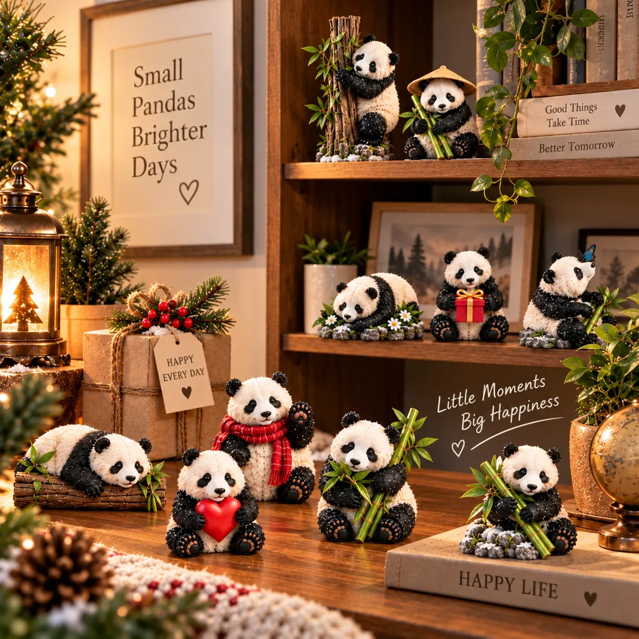 Panda figurines decorating shelves and desks after the holidays