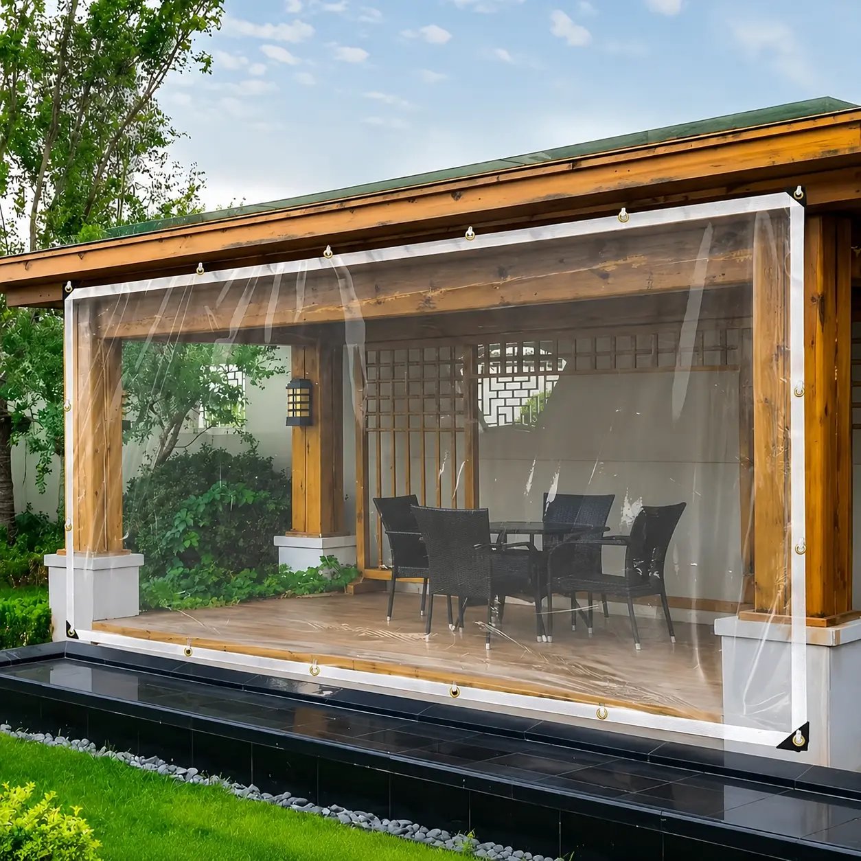 Clear polyethylene outdoor tarp with grommets