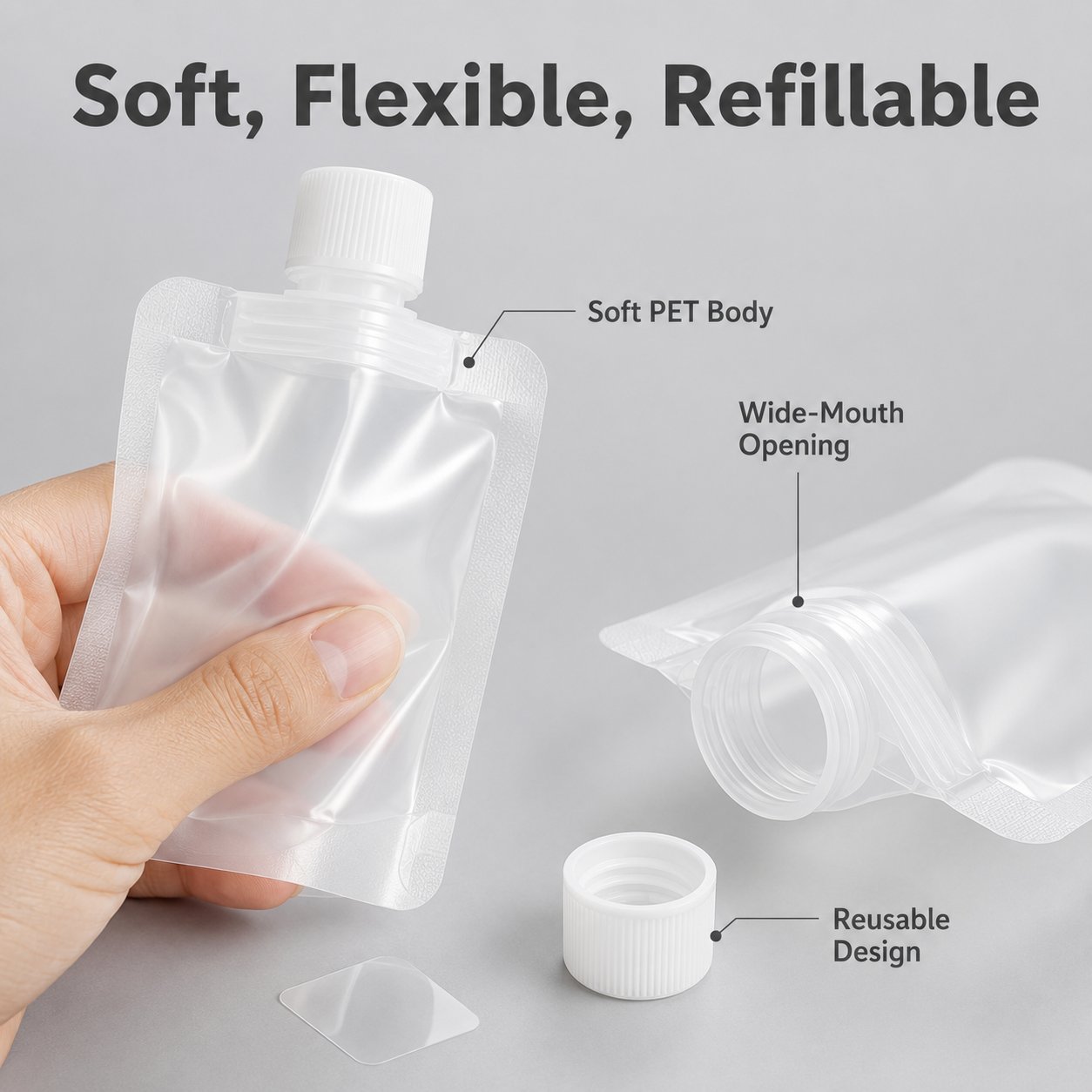 Close-up of the soft PET pouch body, wide threaded opening, screw cap, and clear label