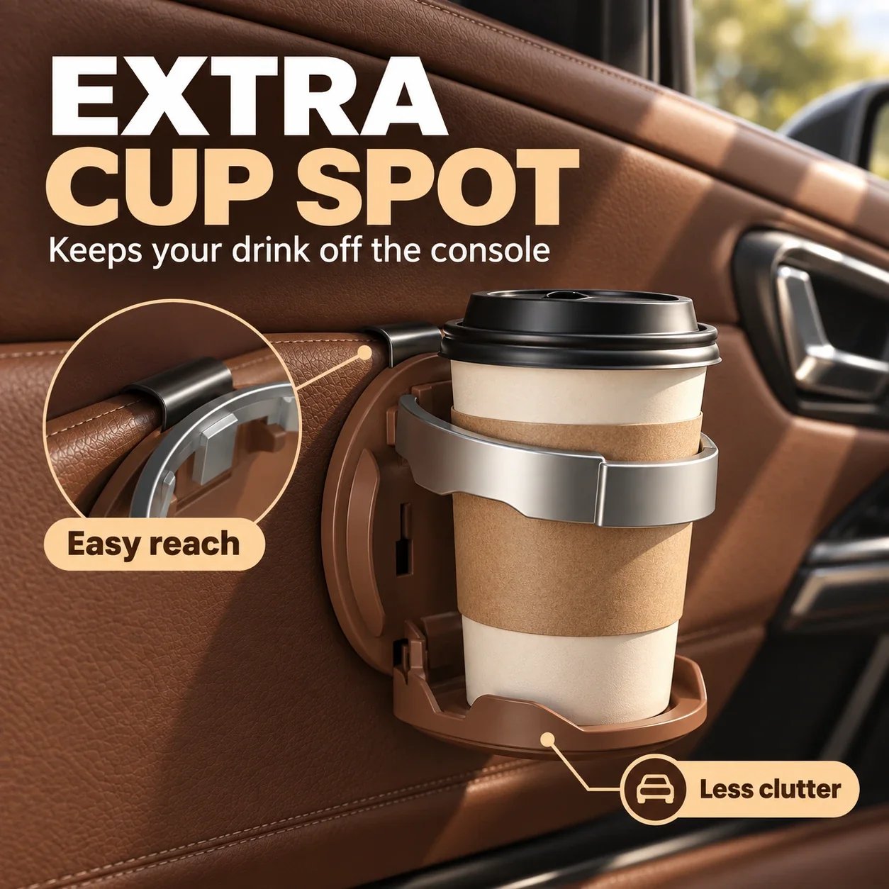 Extra car door cup holder holding takeaway coffee