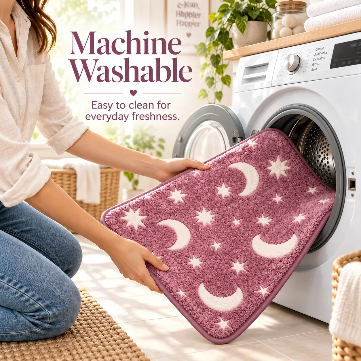 Moon and star bath mat being placed in a washing machine