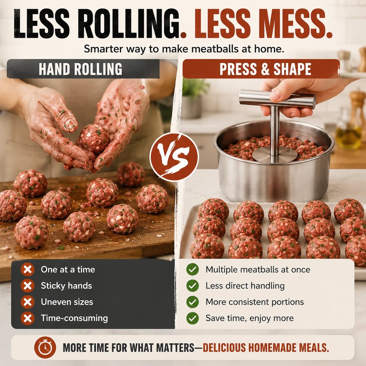Hand rolling compared with meatball press