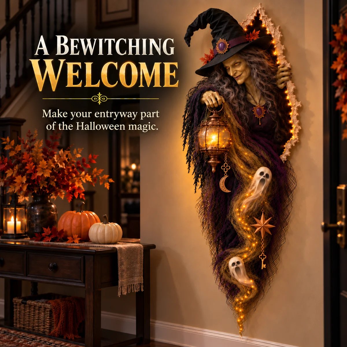 Enchanted Witch Wall Light styled in a Halloween entryway