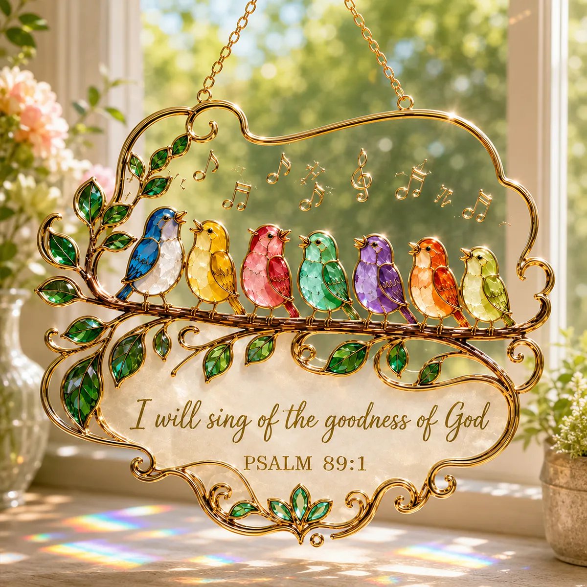 Faith-inspired suncatcher with colorful birds and scripture