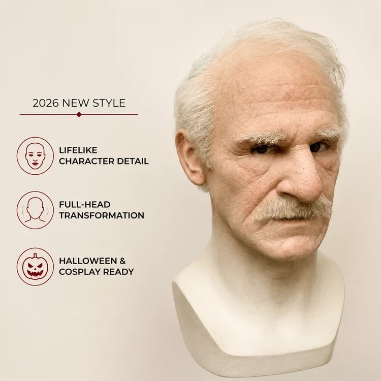 Elderly-character mask showing facial detail and full-head coverage