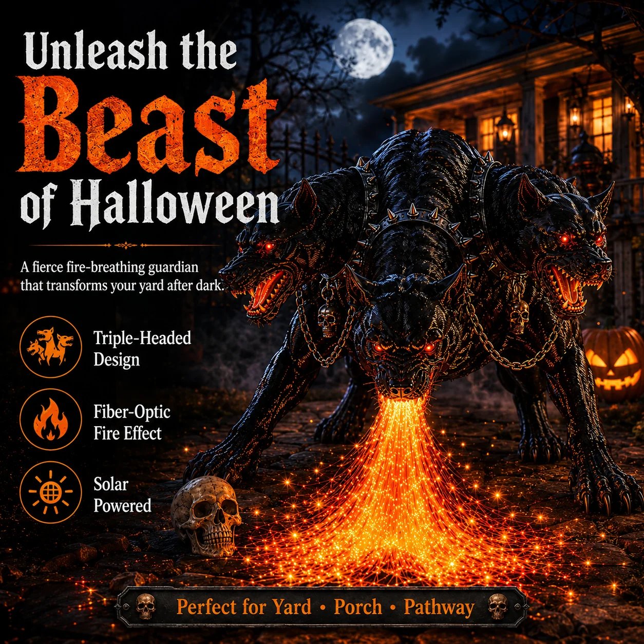 Three headed fire breathing Halloween hellhound in yard