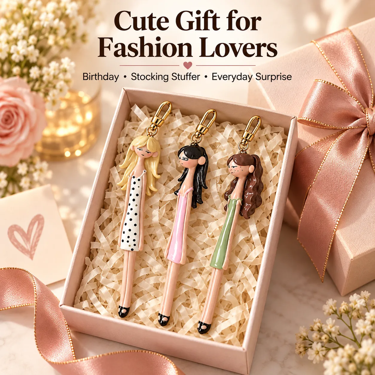 Fashion doll bag charms presented as a gift