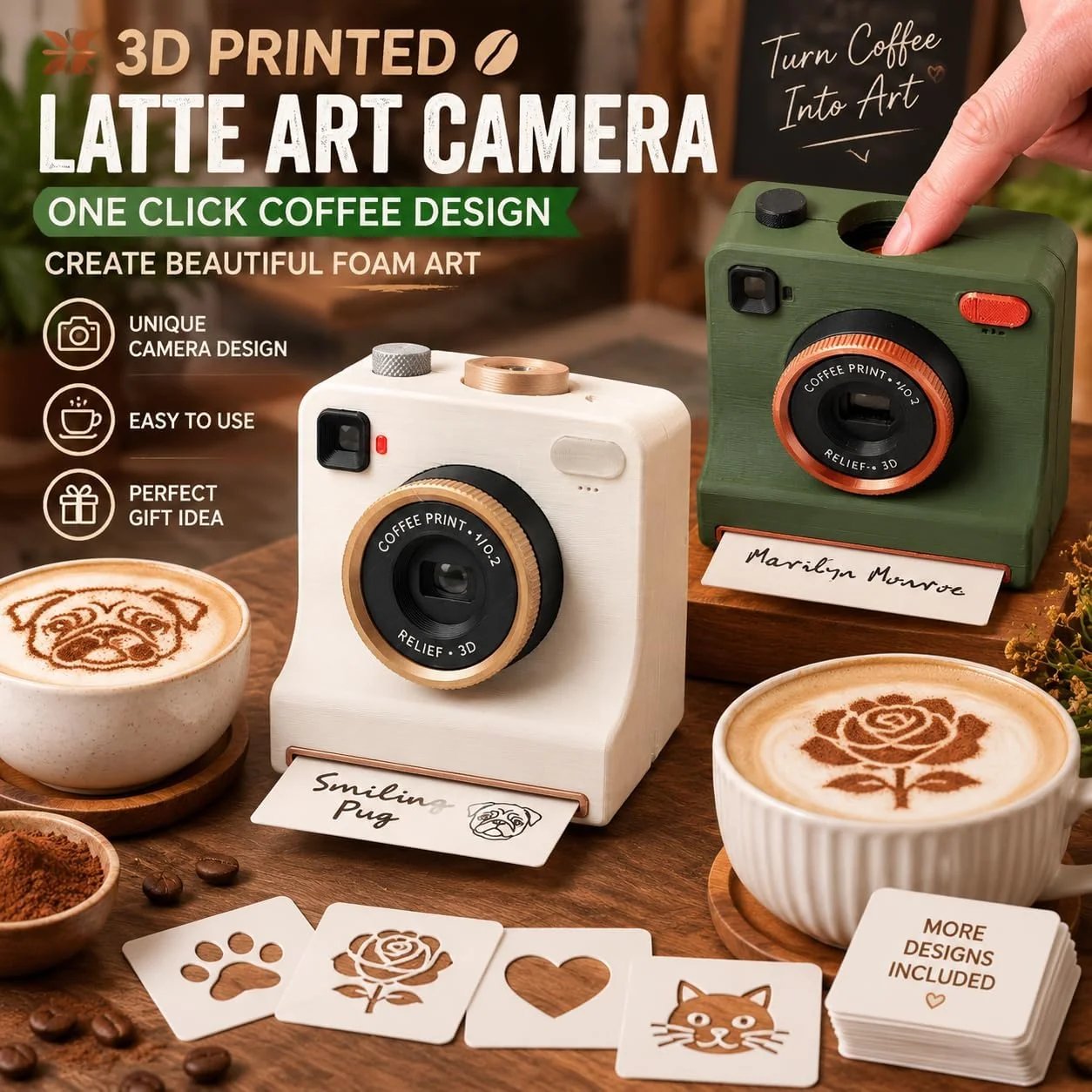 ☕📸 Camera-Style Latte Art Maker – Reusable Stencil Press
