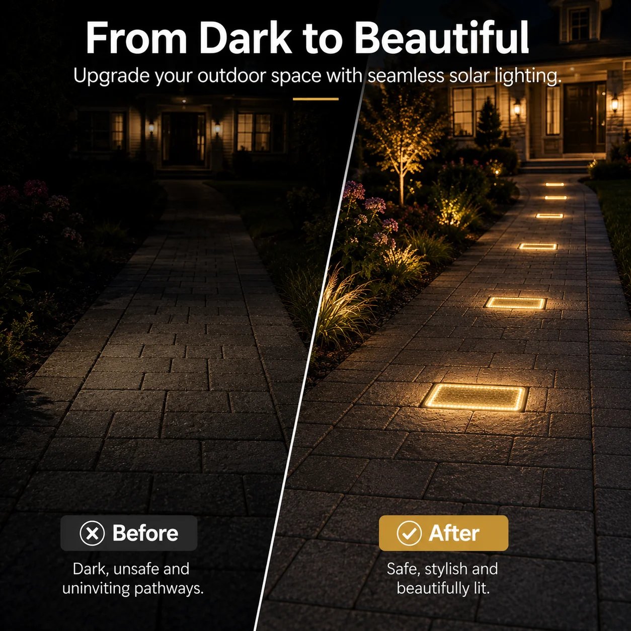 Before and after comparison of a dark pathway upgraded with flush solar paver lights