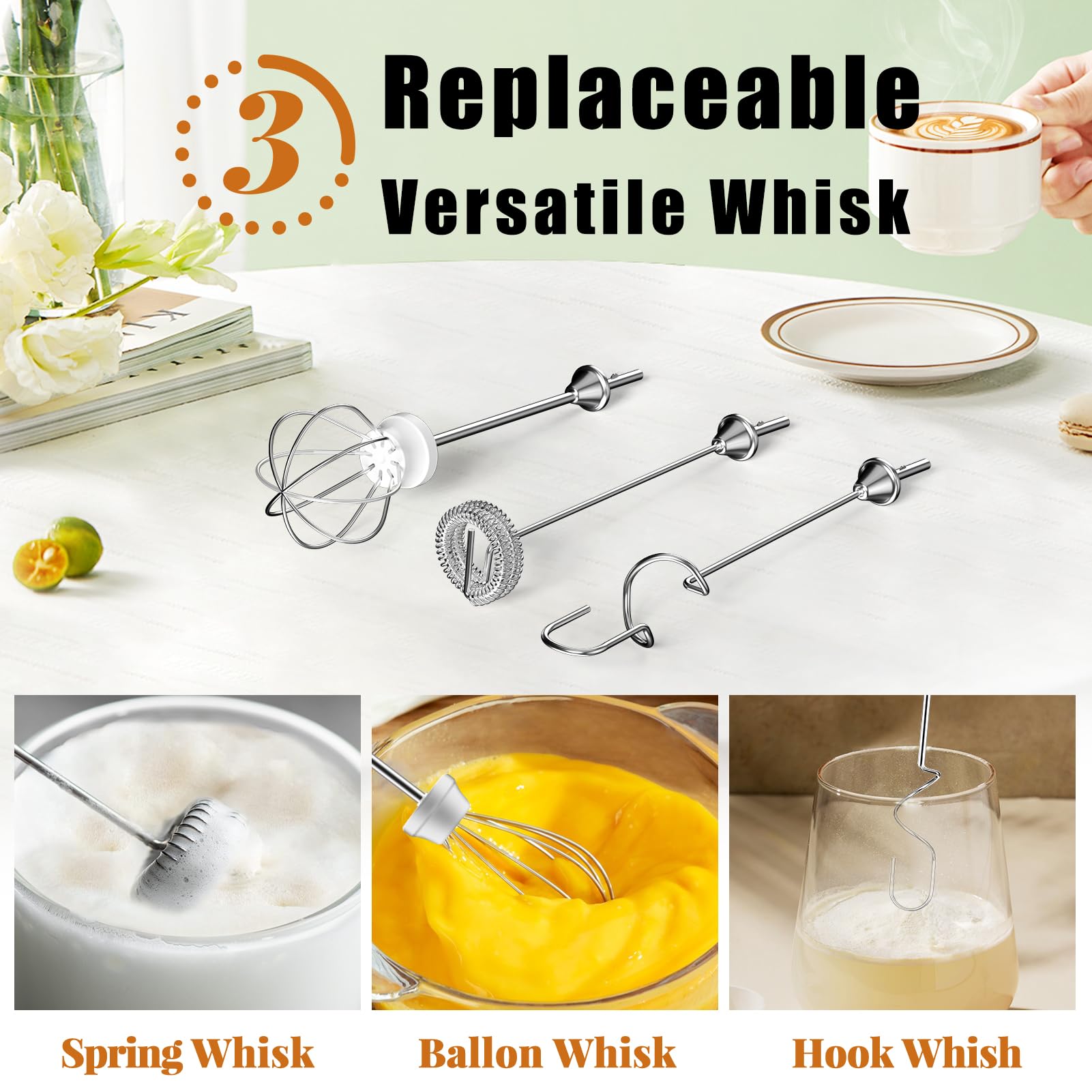 3 detachable stainless steel whisk heads