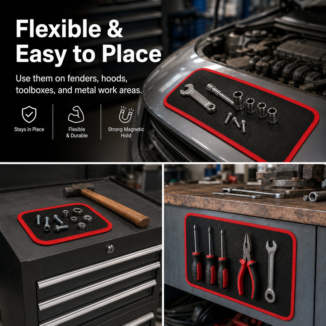 Flexible magnetic mats on different workshop surfaces