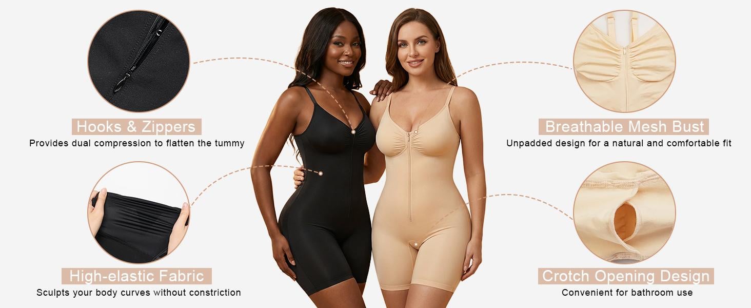 SHAPERX Shapewear for Women Tummy Control Bodysuits Zip-Up Comfort Ultra Stretch Fabric Customizable Fit Breathable Mesh Design Comfortable Fit