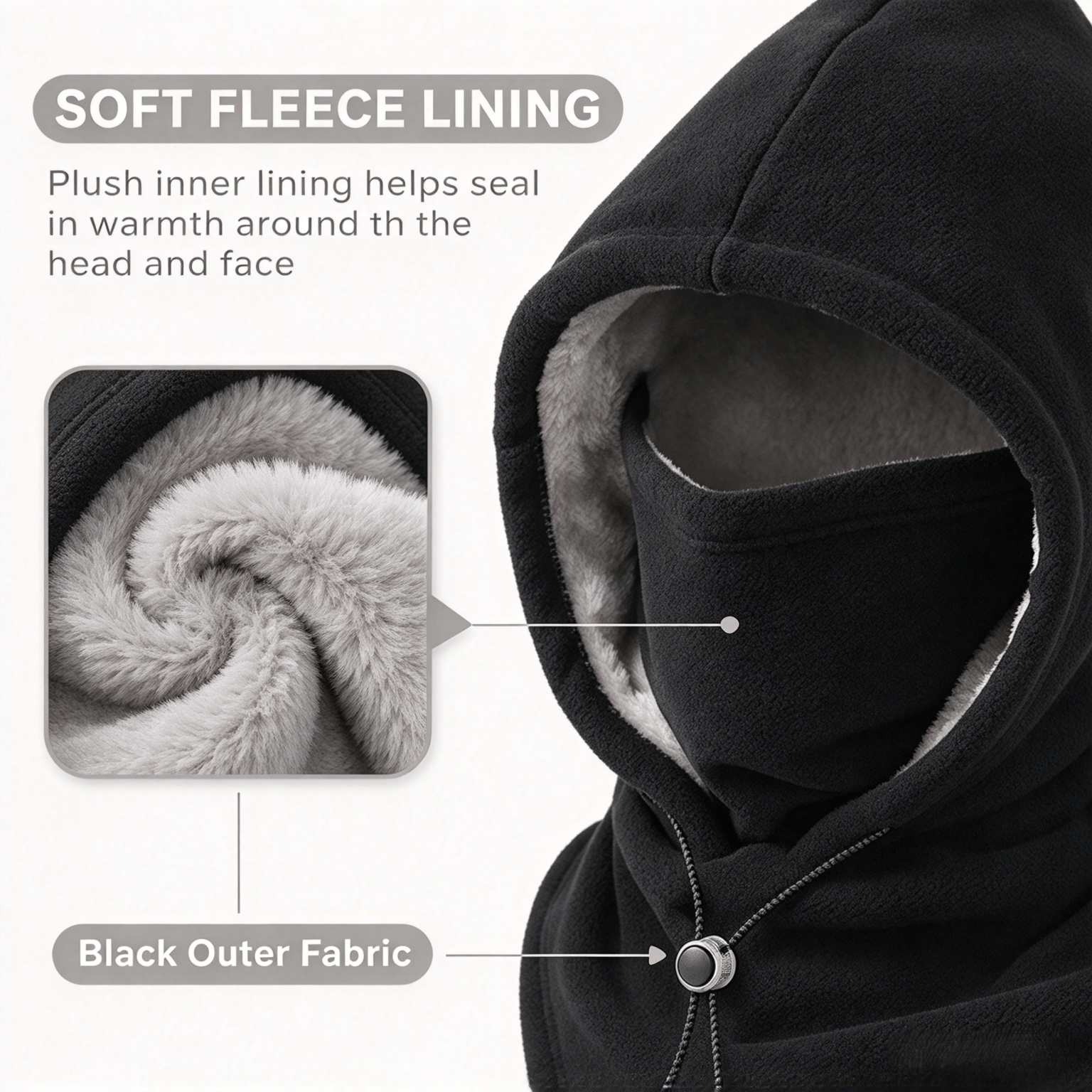 Close view of the winter hood and its soft inner lining