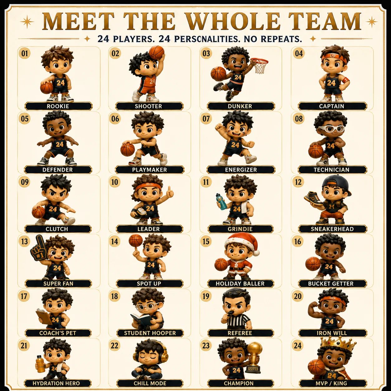 Full lineup of 24 unique basketball Advent calendar characters