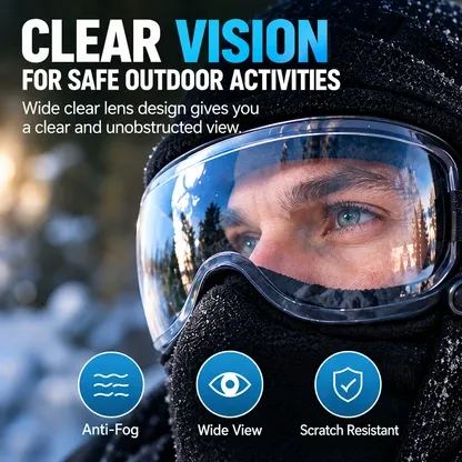 Close-up of integrated clear eye shield on winter balaclava