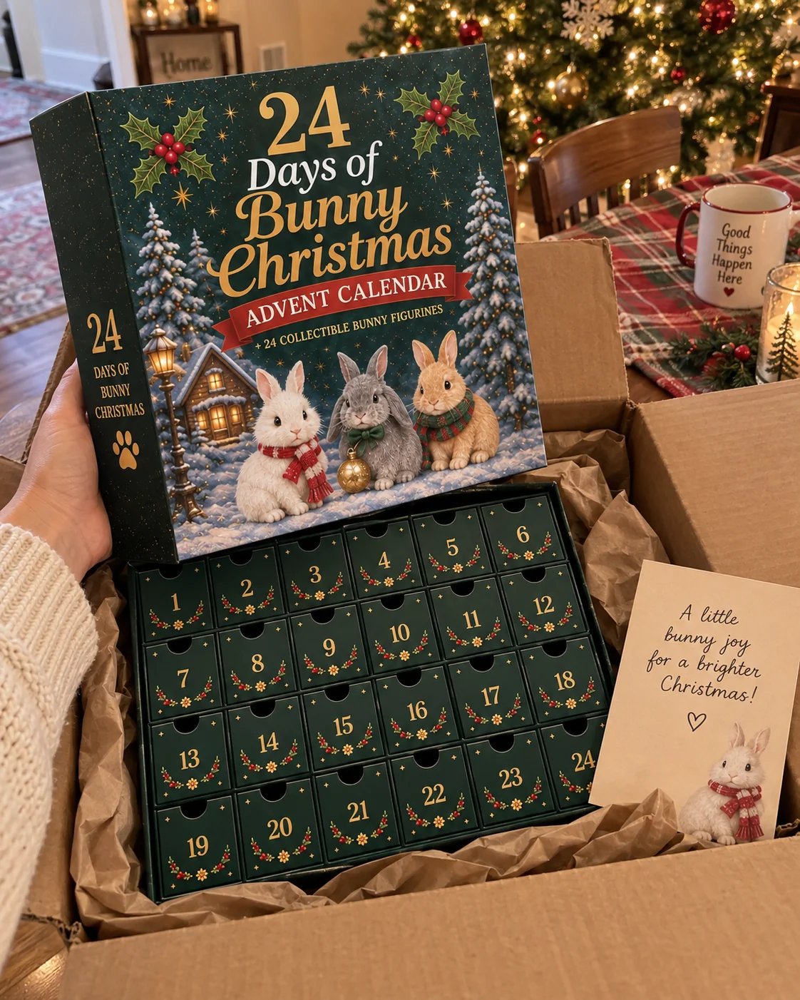 Customer holding Christmas bunny figurine